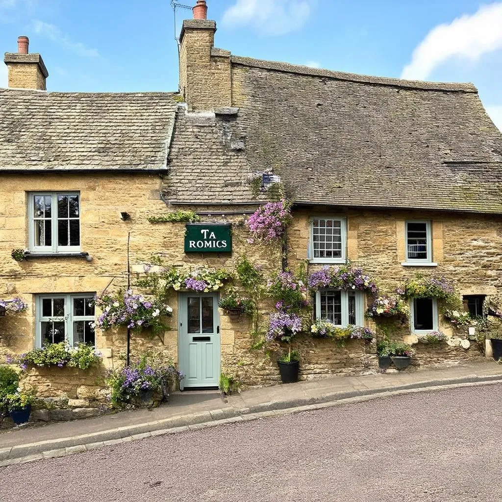 Honey-colored stone cottages lining a narrow street in a charming Cotswold village